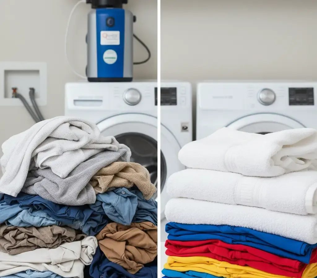 Visual comparison showing stiff, faded laundry caused by hard water versus soft, bright laundry after a water softener installation.