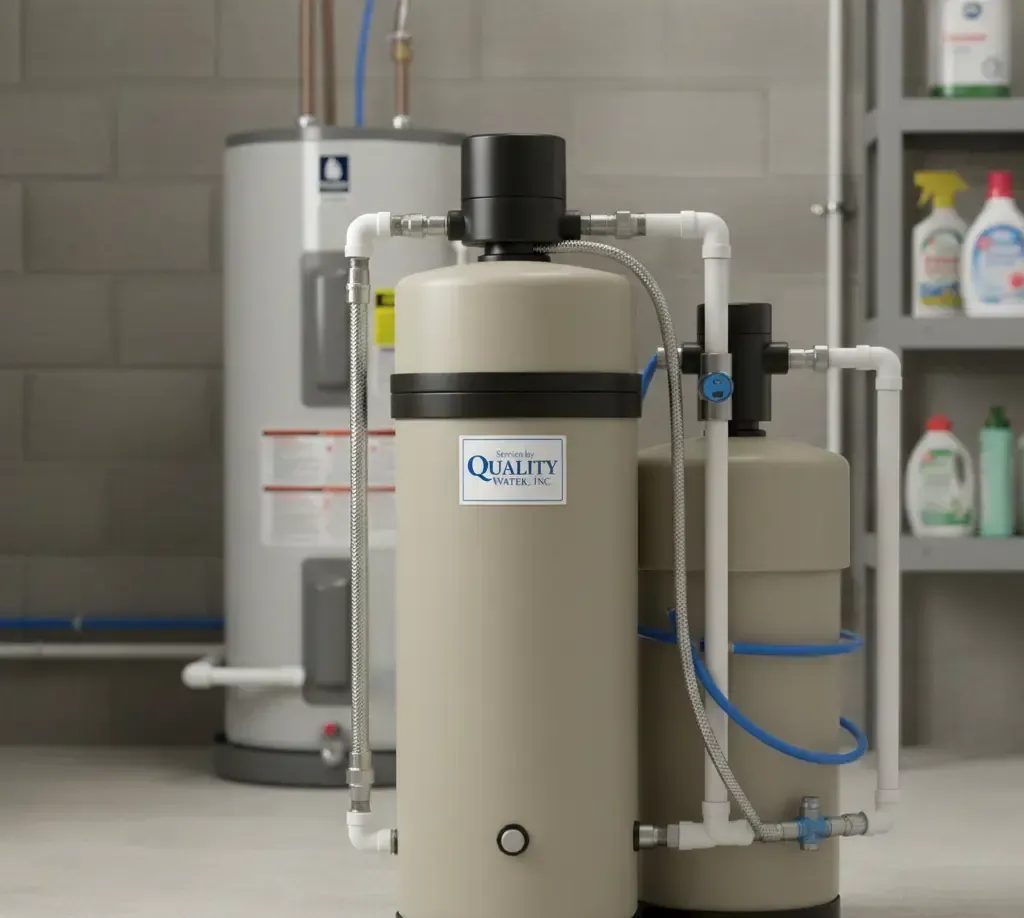 A professionally installed, modern water softener system from Quality Water, Inc. in a Stafford home, protecting pipes and appliances.